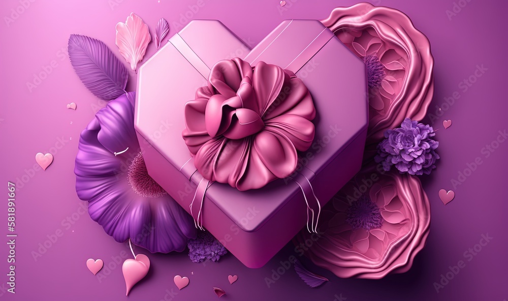  a heart shaped box with a bow on it surrounded by flowers and hearts on a purple background with he