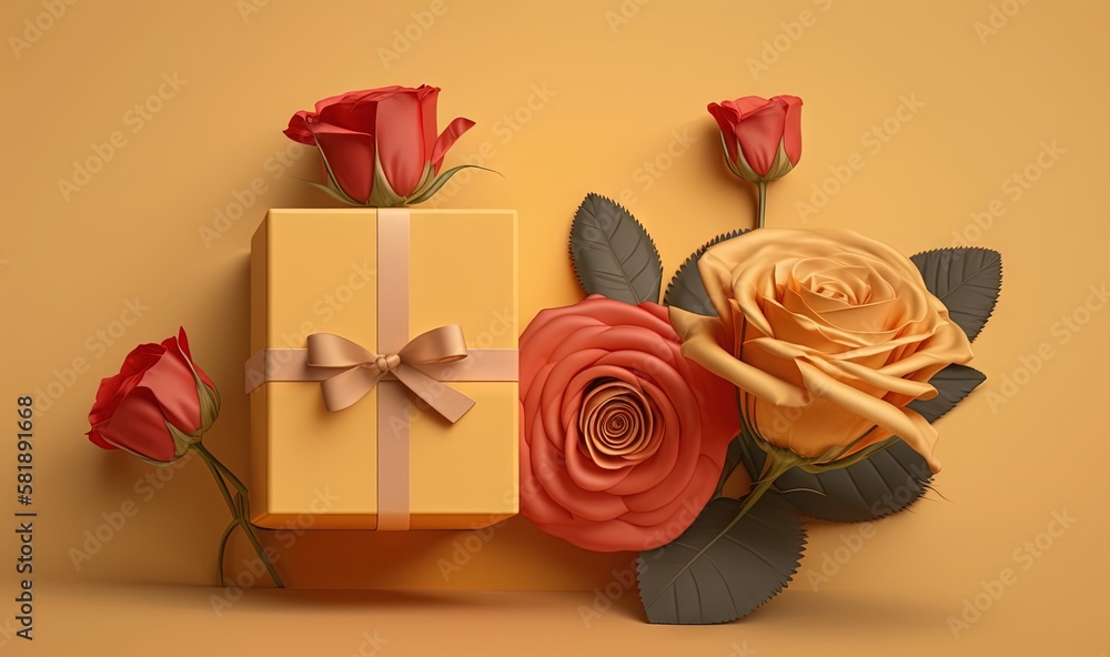  a gift box with a bow and three roses on a yellow background with a ribbon and a bow on the top of 