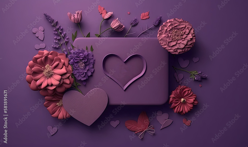  a purple box with a heart and flowers on a purple background with hearts and flowers on the bottom 