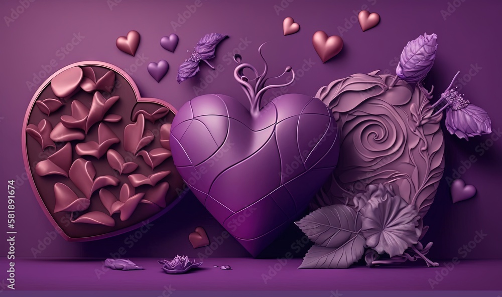  two heart shaped chocolates next to each other on a purple background with leaves and flowers on th