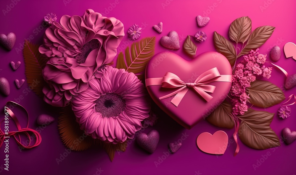  a pink heart surrounded by pink flowers and hearts on a purple background with a pink ribbon and a 