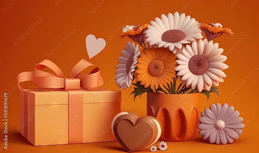  a vase of flowers and a heart shaped box with a bow and a heart shaped box with a bow on it and a h