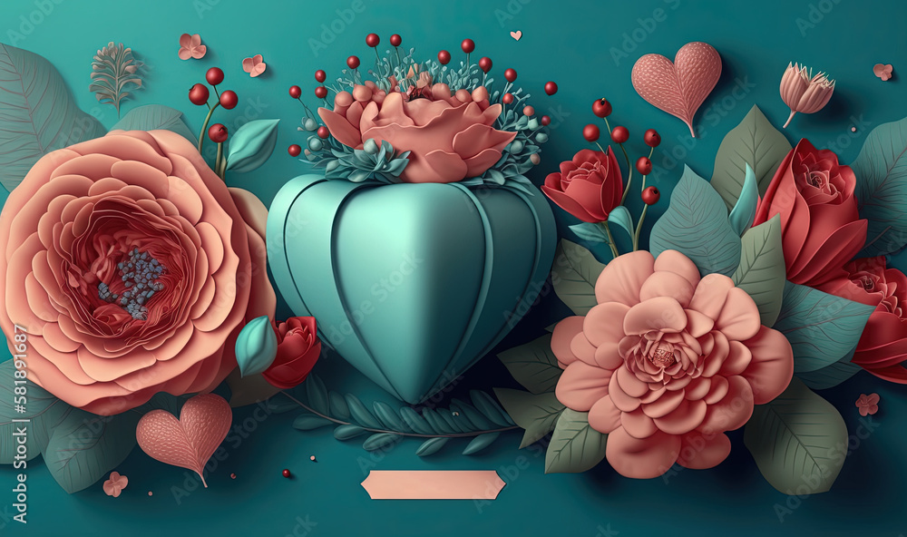  a blue vase with pink flowers and leaves on a blue background with a heart shaped box in the middle