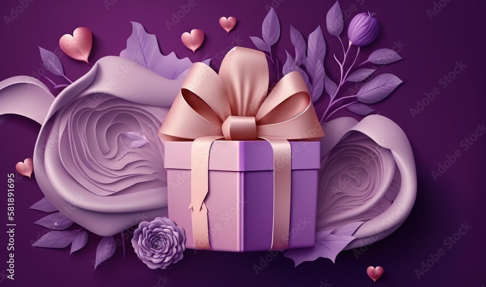  a purple gift box with a bow and a rose on a purple background with hearts and leaves and a rose wi