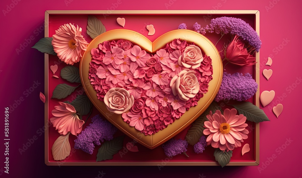  a heart shaped box filled with pink flowers and pink carnations on a pink background with hearts an