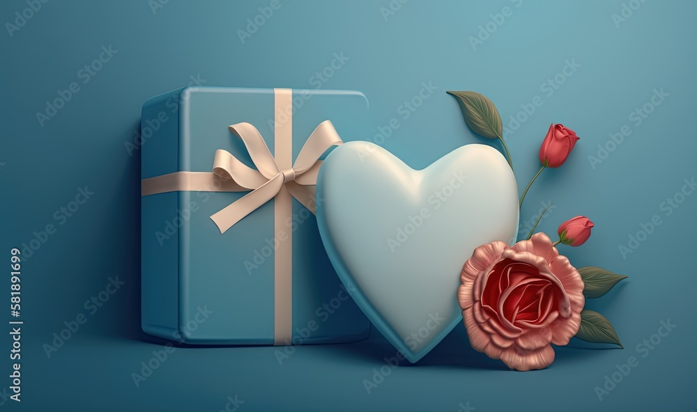  a heart shaped box with a flower and a bow on a blue background with a rose and a gift box with a b