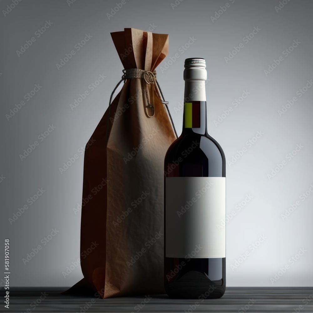 Bottle of wine with empty label and bag. Mockup