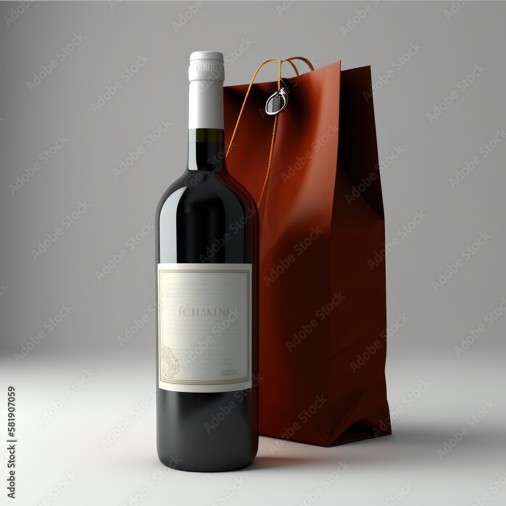 Bottle of wine with empty label and bag. Mockup