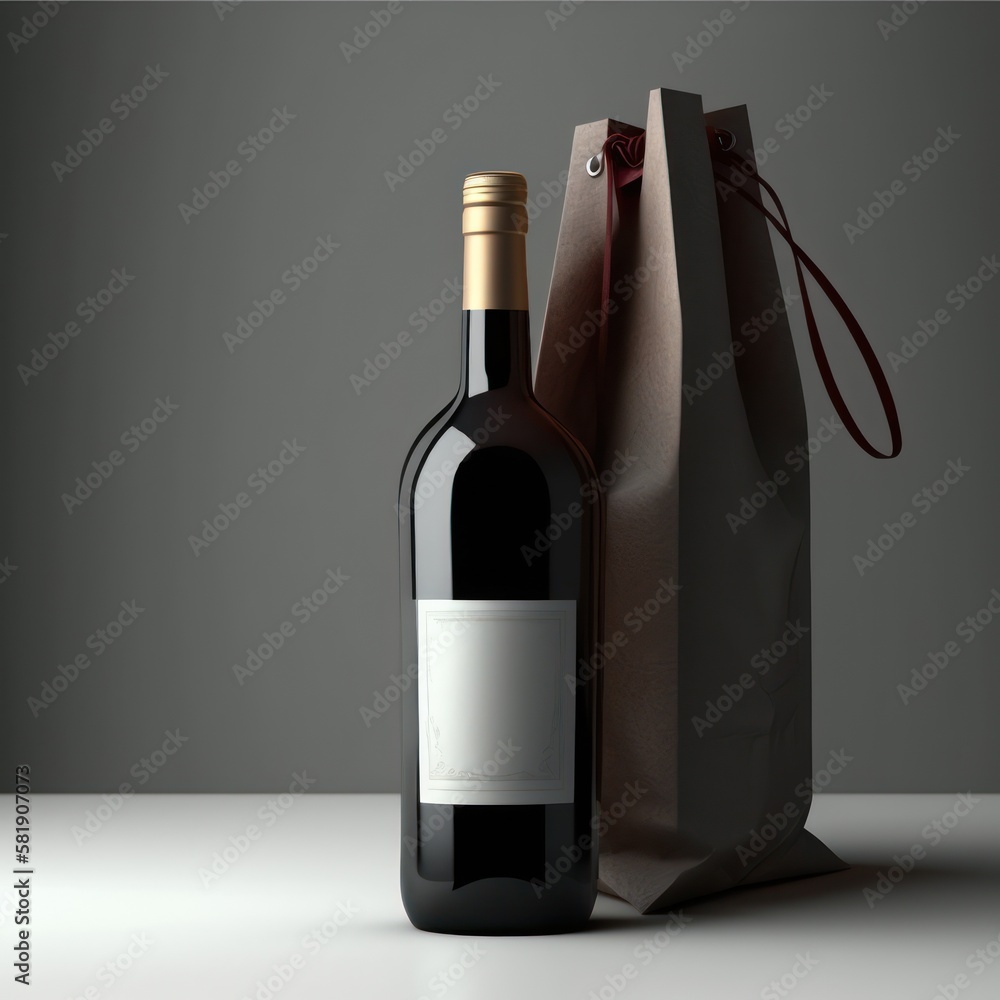 Bottle of wine with empty label and bag. Mockup