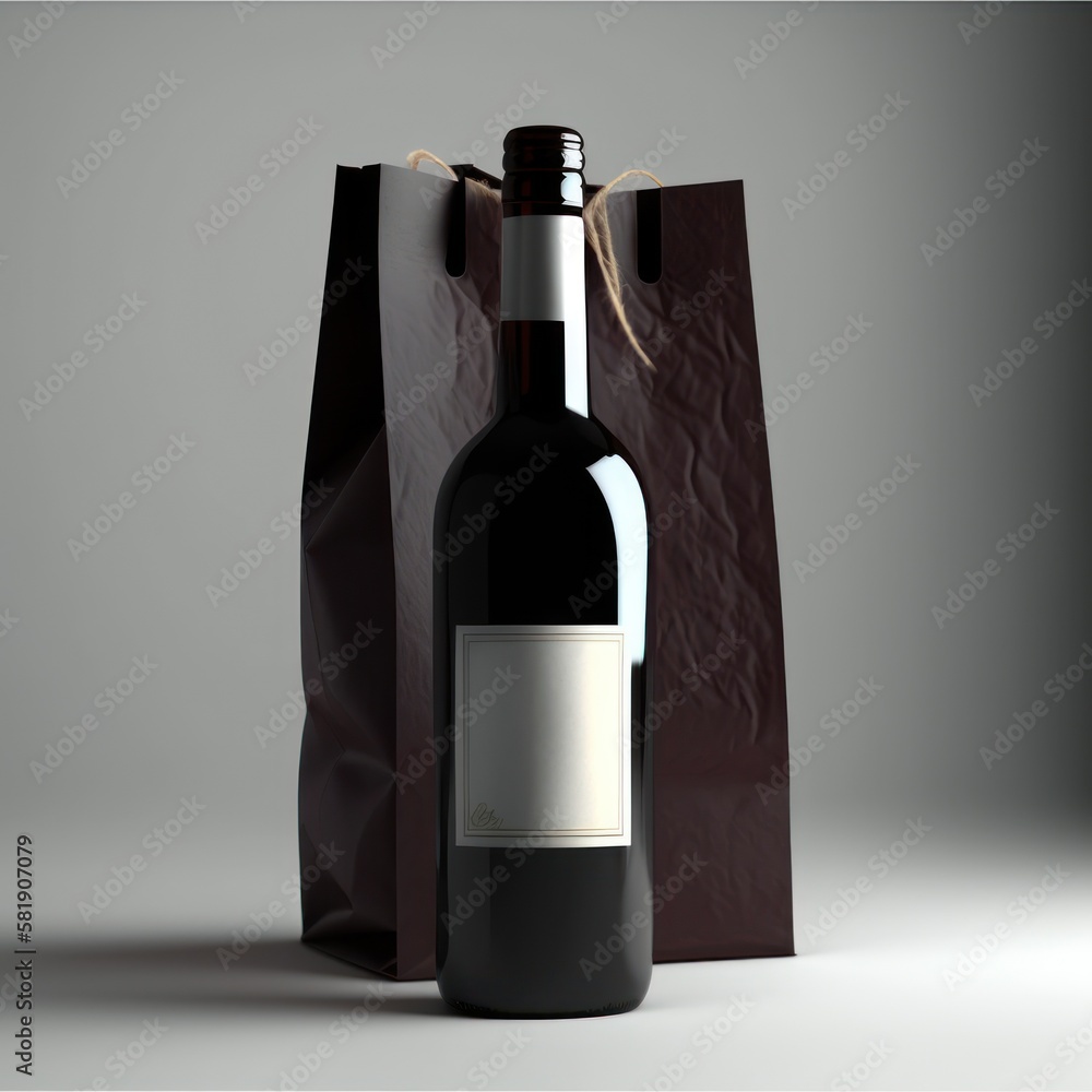 Bottle of wine with empty label and bag. Mockup