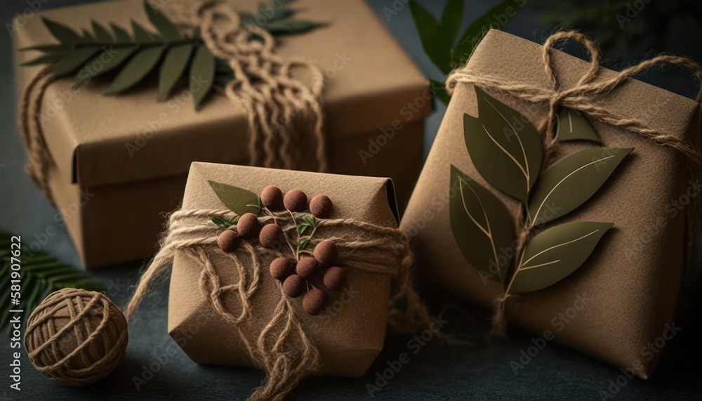 Eco-friendly gift wrapping in kraft paper and leaves