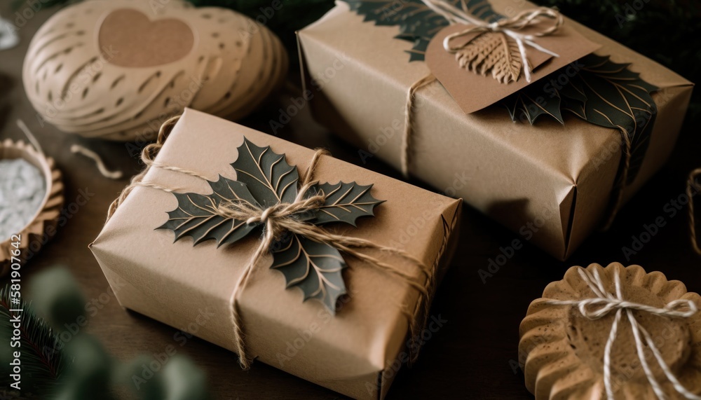 Eco-friendly gift wrapping in kraft paper and leaves