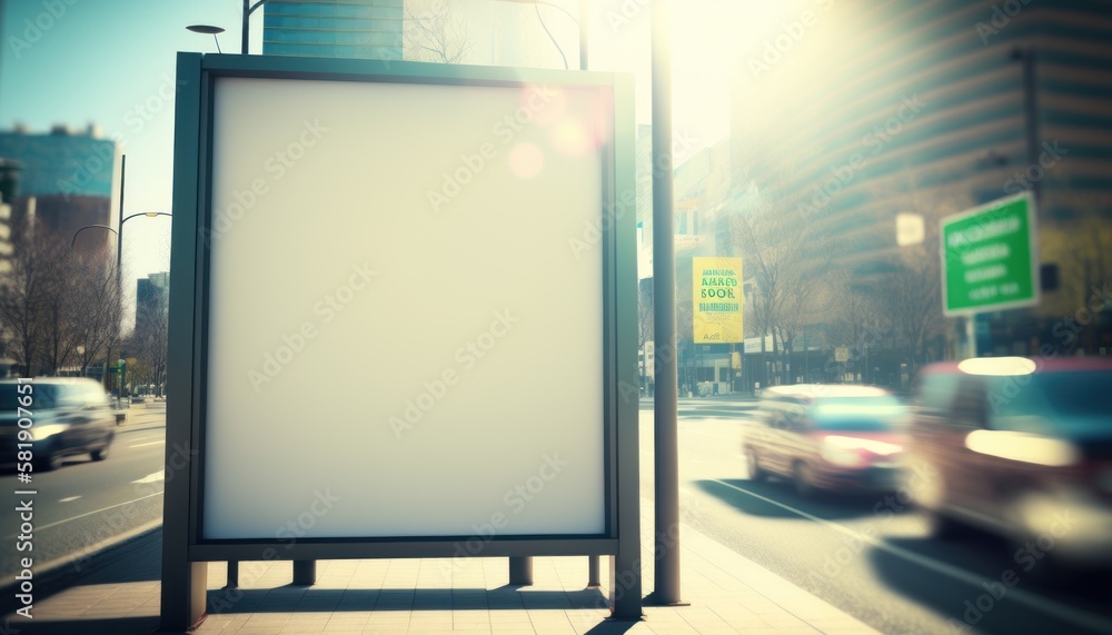 Empty billboard in city, bright day, blur background Mockup