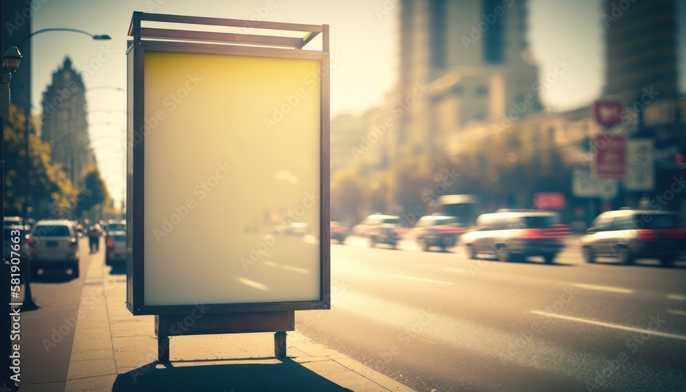 Empty billboard in city, bright day, blur background Mockup