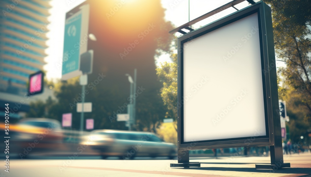 Empty billboard in city, bright day, blur background Mockup