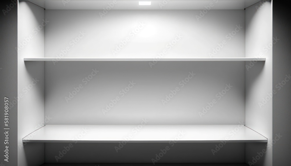 Empty white shelf, with multiple levels. Mockup