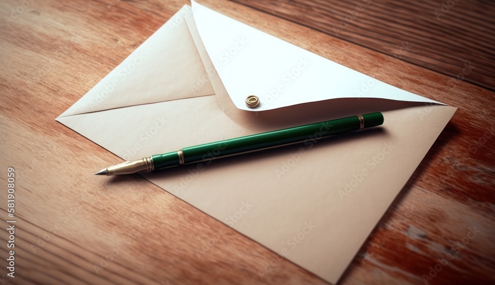 Envelope with pen on the table, background, wallpaper