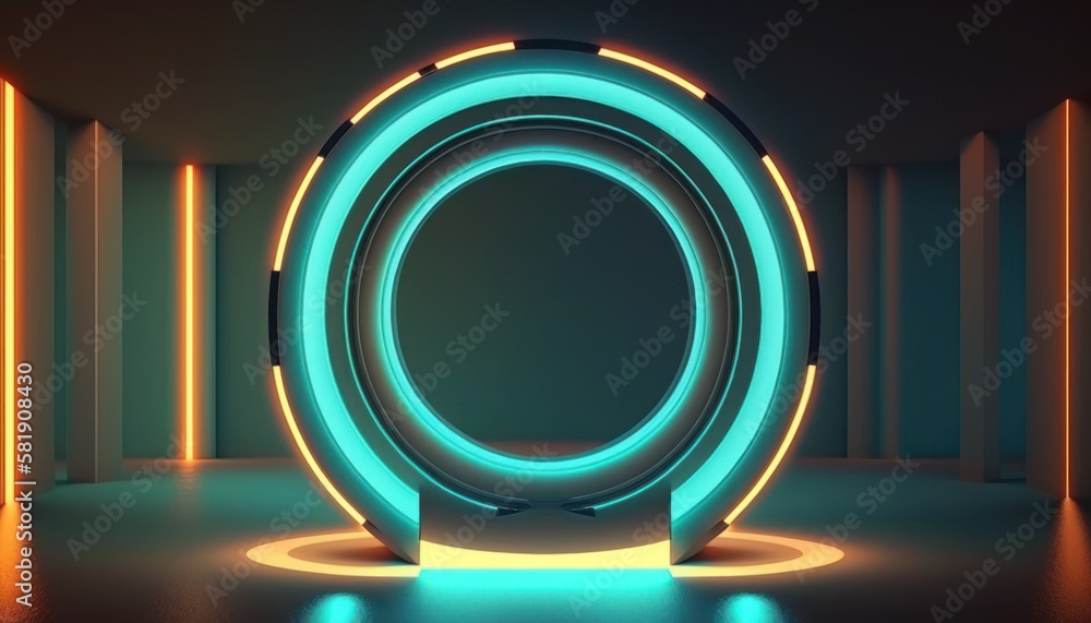 Glowing neon ring light in tunnel. 3d render. Futuristic abstract wallpaper