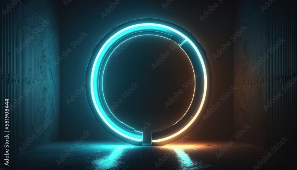 Glowing neon ring light in tunnel. 3d render. Futuristic abstract wallpaper