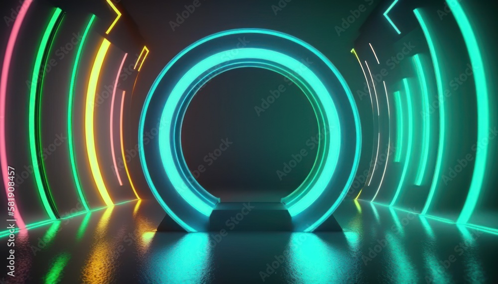 Glowing neon ring light in tunnel. 3d render. Futuristic abstract wallpaper