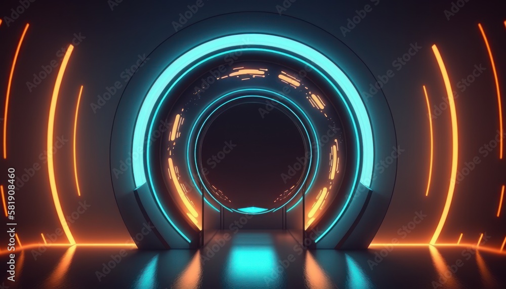 Glowing neon ring light in tunnel. 3d render. Futuristic abstract wallpaper