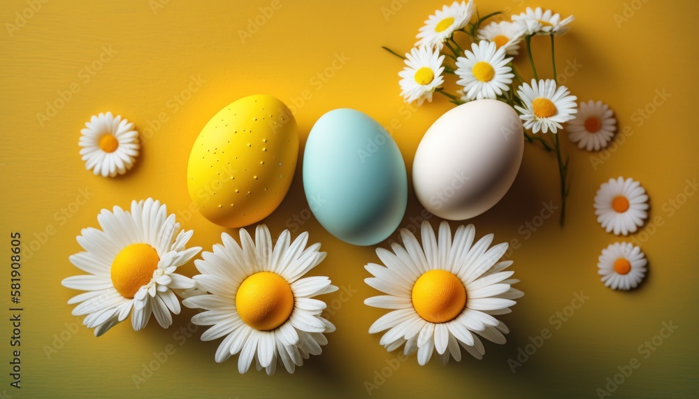 Happy Easter holiday background. Colorful eggs and camomile