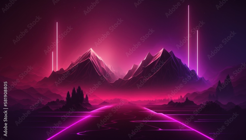 Abstract pink-purple background with  neon lines and fog, synthwave