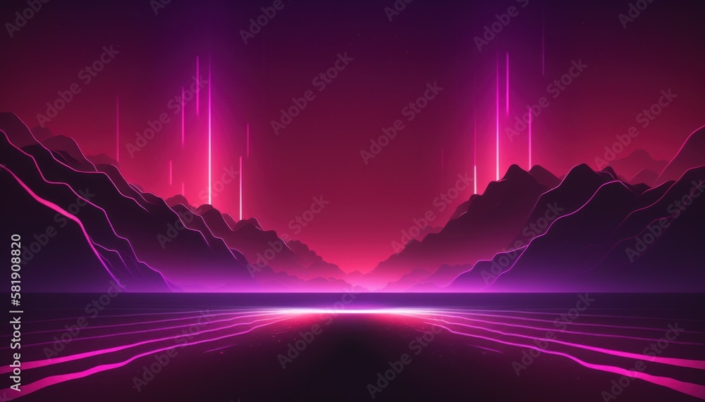 Abstract pink-purple background with  neon lines and fog, synthwave