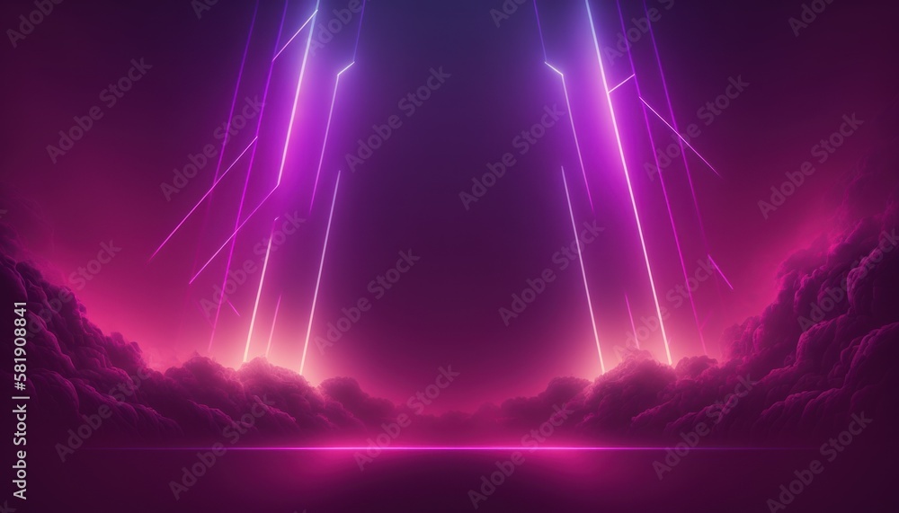 Abstract pink-purple background with  neon lines and fog, synthwave