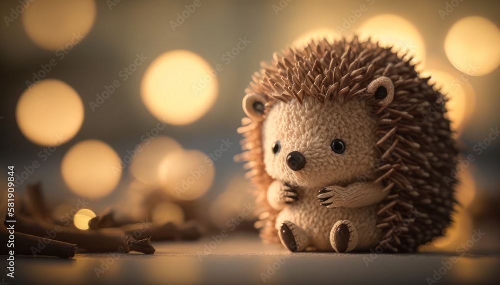 Cute plush toy hedgehog, sits, soft warm lighting, background blur