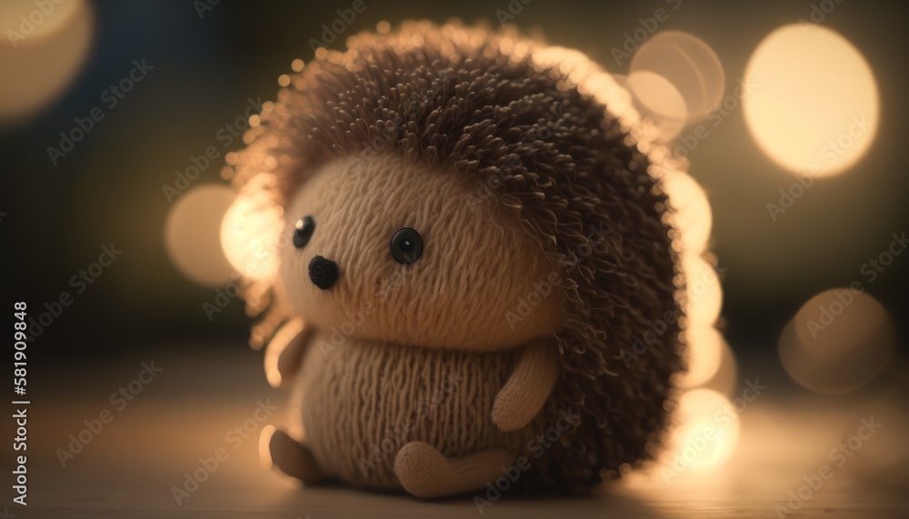 Cute plush toy hedgehog, sits, soft warm lighting, background blur