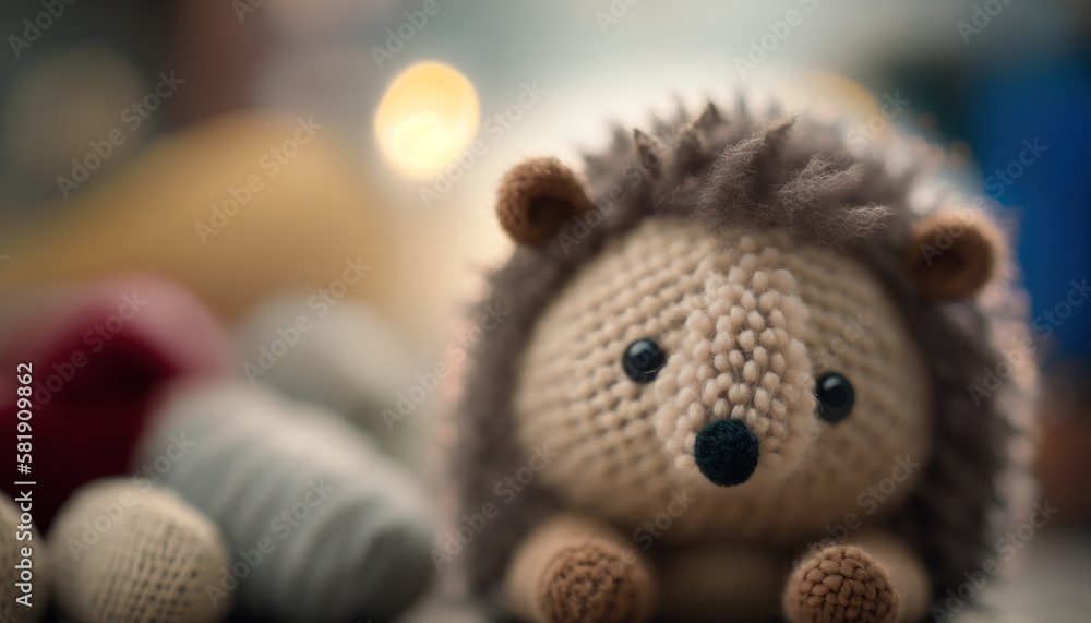 Cute plush toy hedgehog, sits, soft warm lighting, background blur