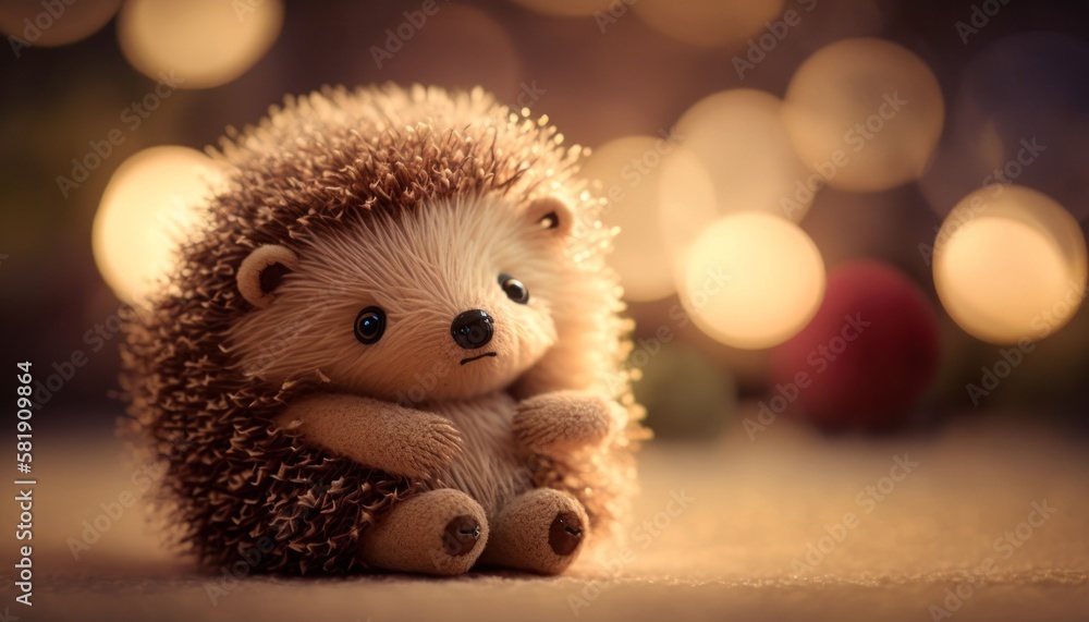 Cute plush toy hedgehog, sits, soft warm lighting, background blur