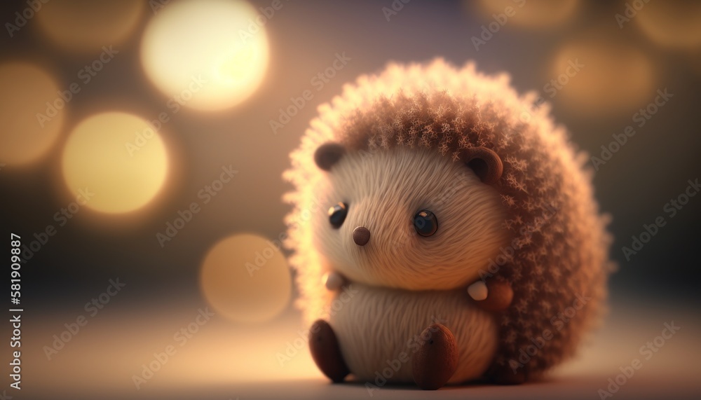 Cute plush toy hedgehog, sits, soft warm lighting, background blur