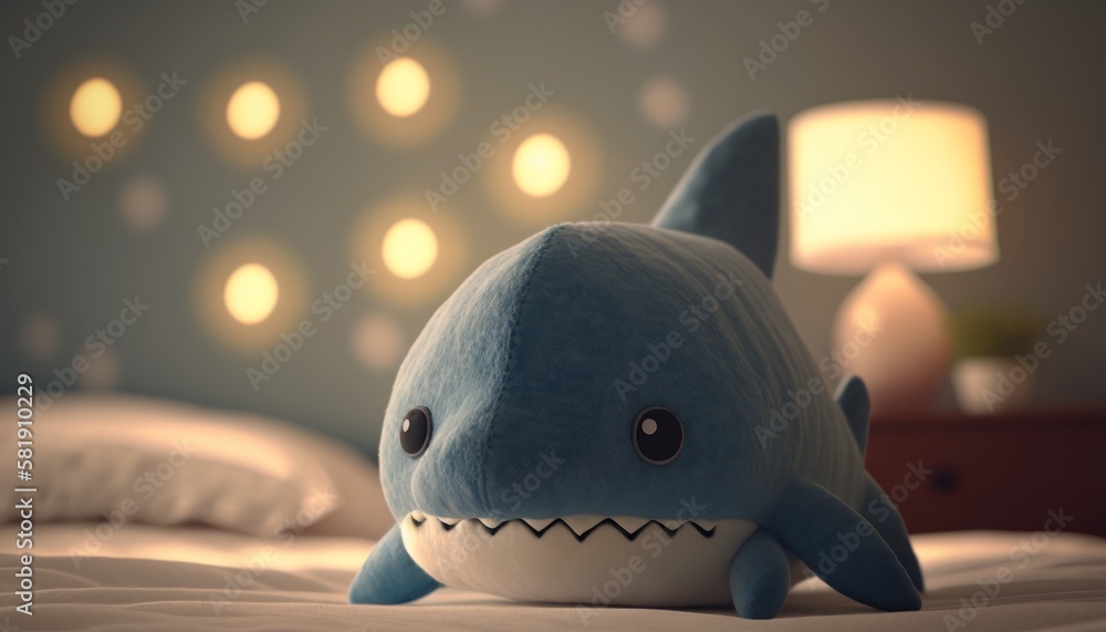 Cute plush toy shark, sits, soft warm lighting, background blur