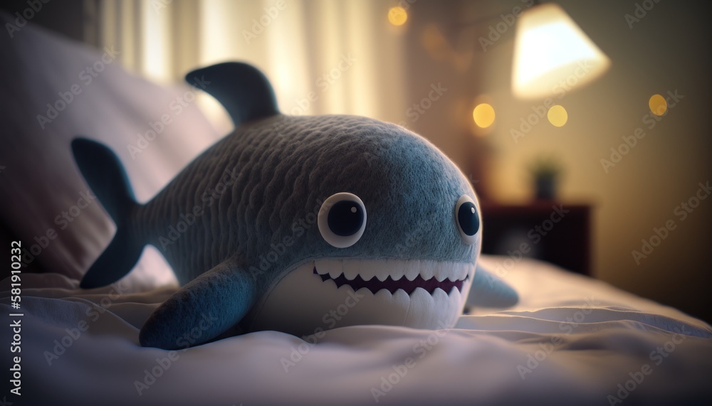 Cute plush toy shark, sits, soft warm lighting, background blur