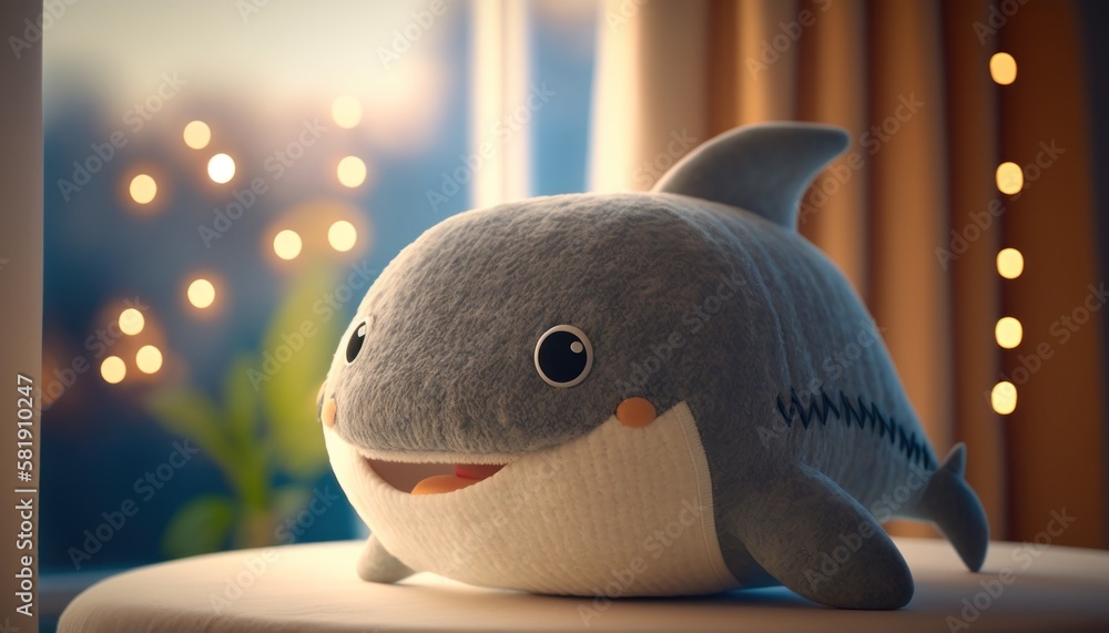 Cute plush toy shark, sits, soft warm lighting, background blur