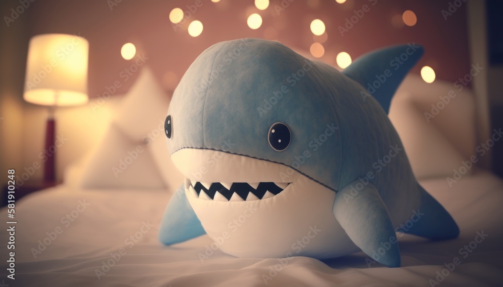 Cute plush toy shark, sits, soft warm lighting, background blur