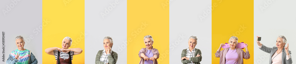 Collage of stylish elderly woman on light and yellow backgrounds