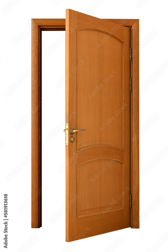 Open wooden door on white background