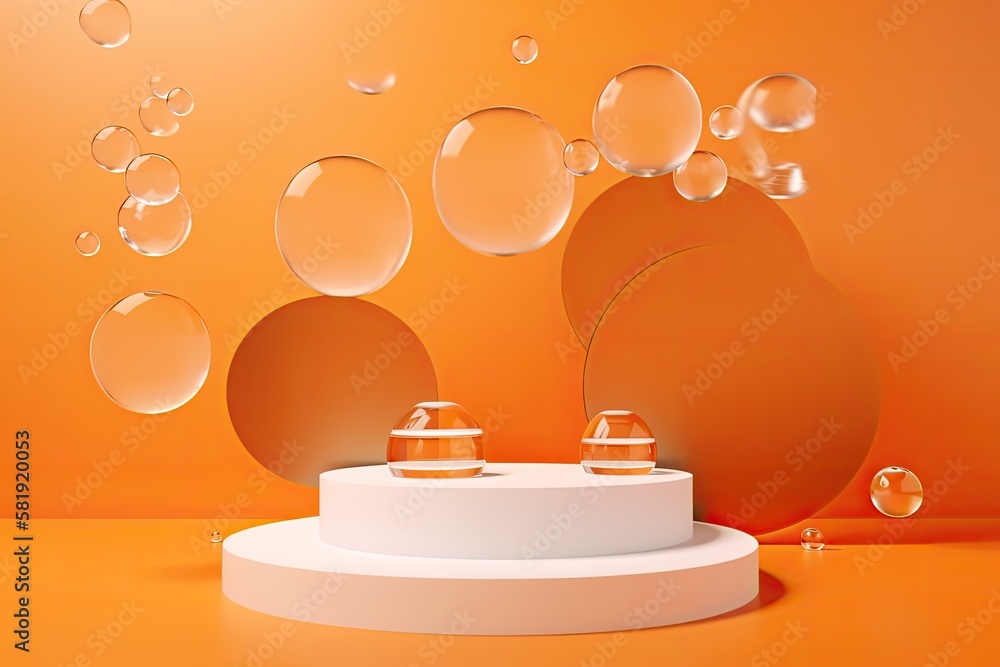 Simple abstract image on an orange background with a podium and soaring geometric bubble forms. Gene