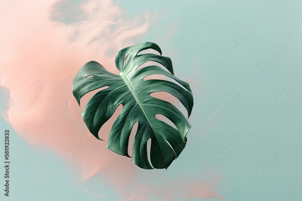 Tropical monstera leaf with a cloud that is a soft coral tint. Summer backdrop concept simple abstra