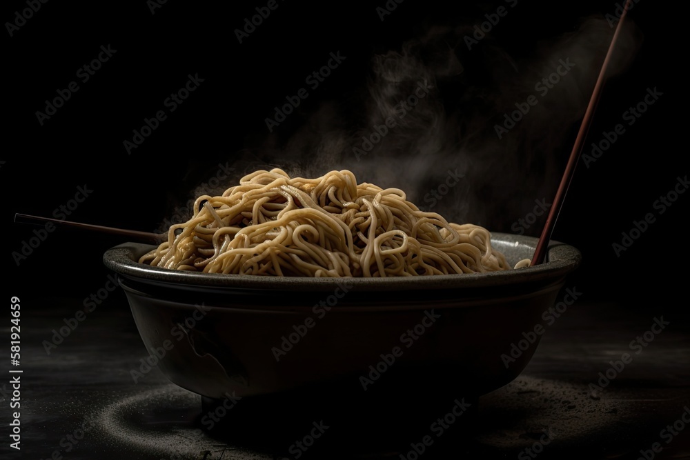 noodles in a smokey state with chopsticks, isolated on a dark background with a clipping path. Gener