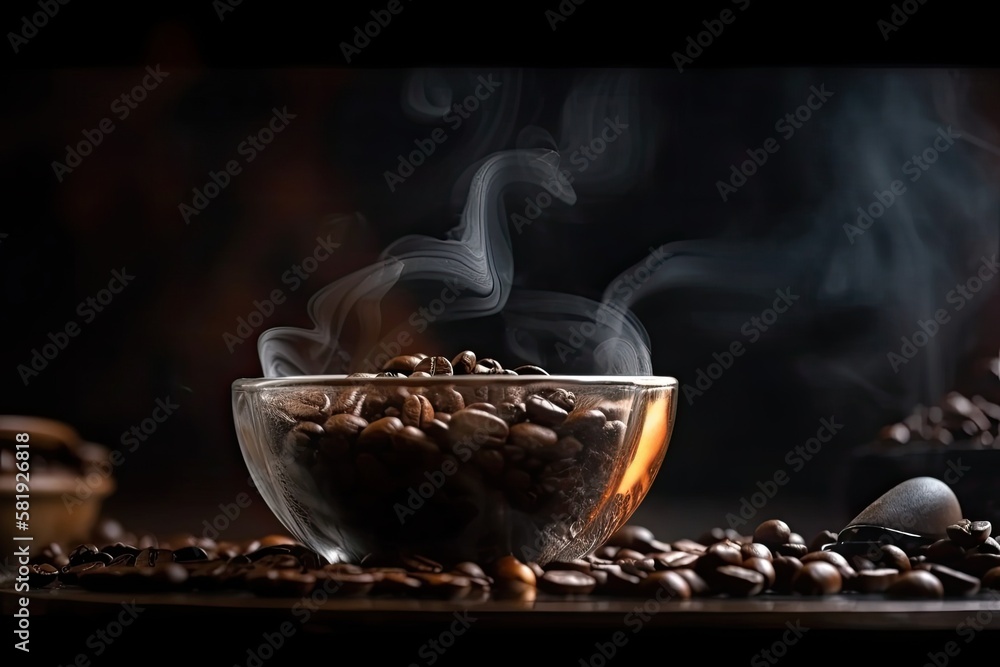 use smoke to roast coffee. macro shots of coffee beans against a steaming cup of coffee. coffee bean