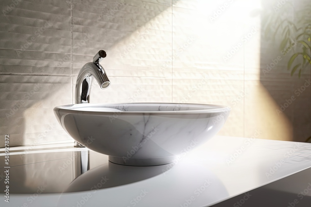 Realistic close up view of a white porcelain washbasin and faucet along with a blank, empty marble c