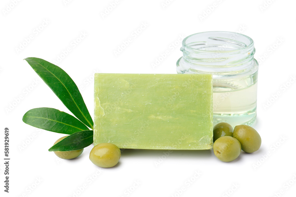 Natural soap bar, olives and oil on white background