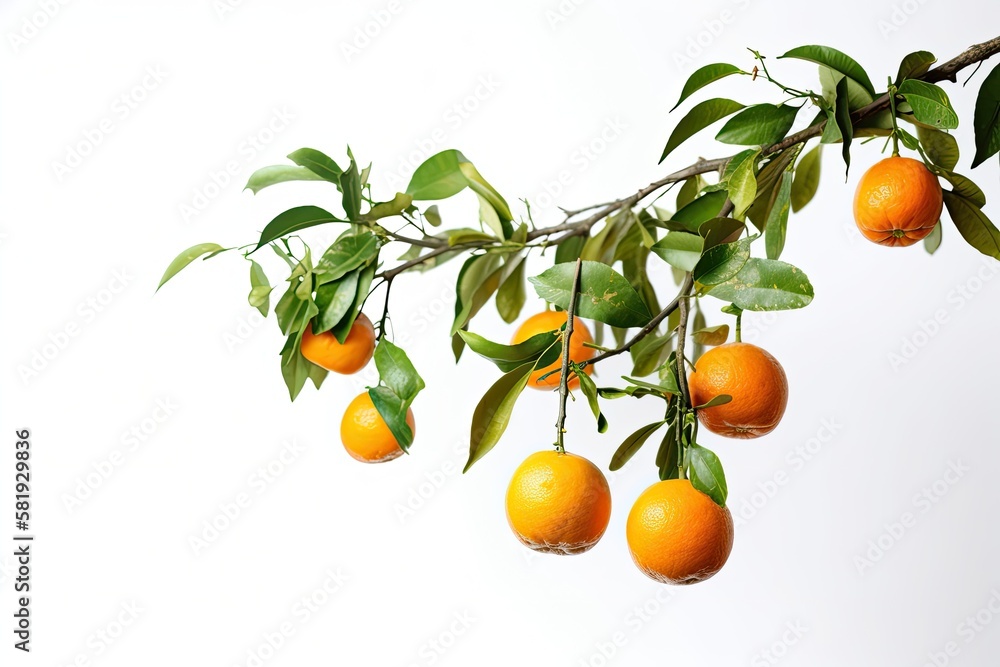 On a white background, orange fruits are suspended from a branch with green foliage. clipped route. 