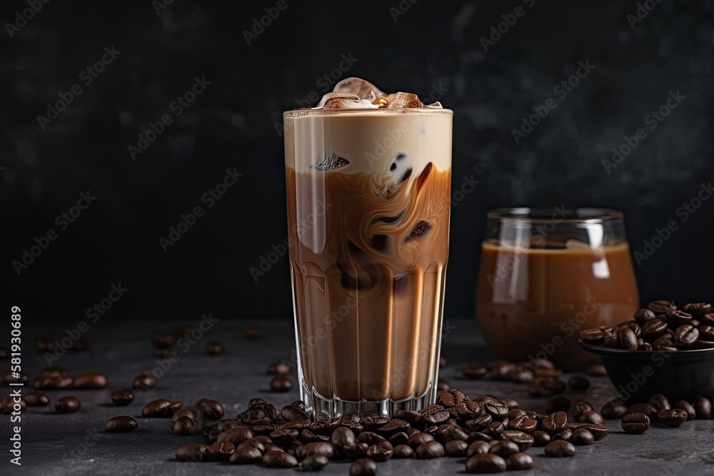 Tall glass of iced coffee with cream and coffee beans surrounding it, on a gray backdrop with copy s