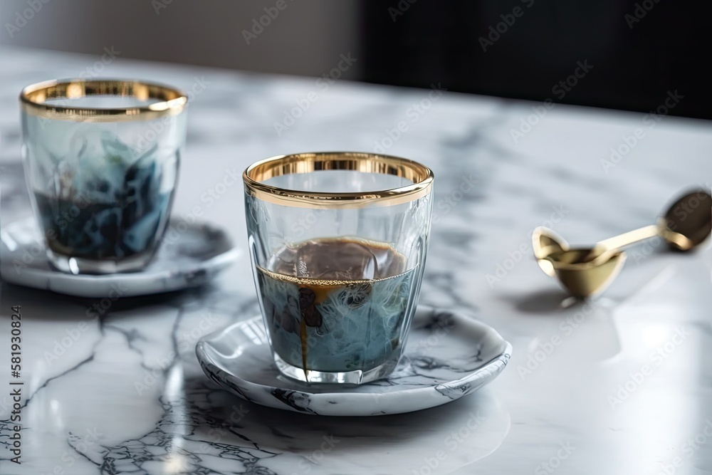 On a background of white marble in the morning, two glass coffee cups contain espresso. Aroma and es