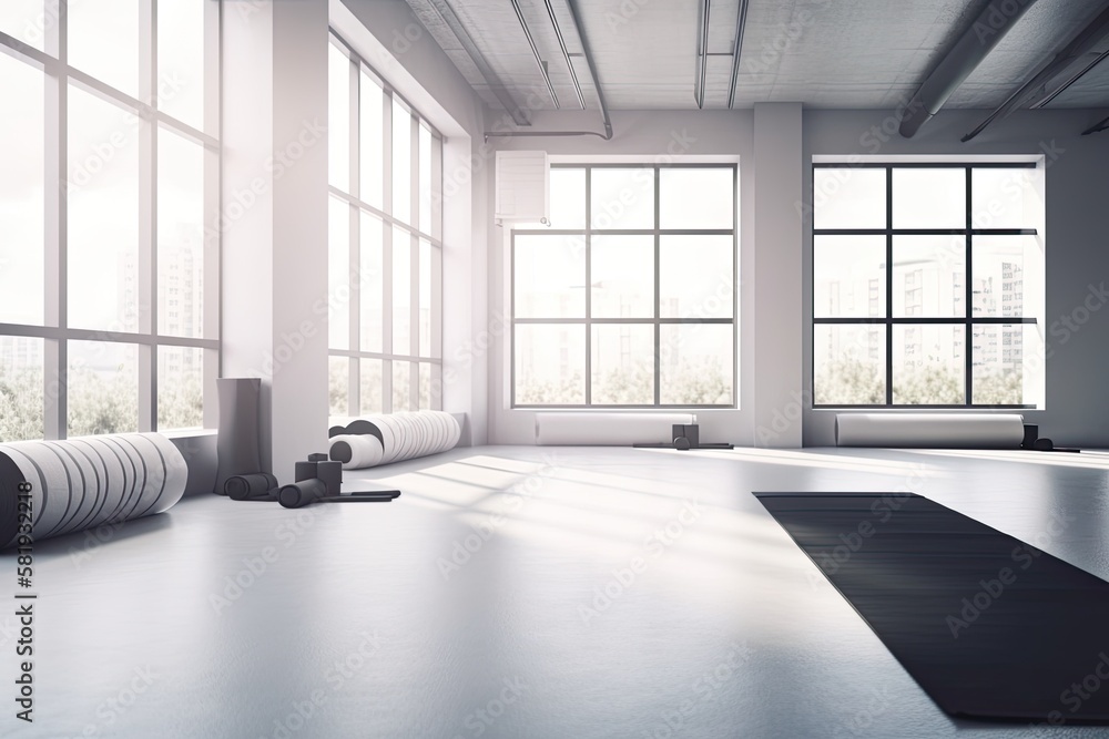 Gym white interior with black yoga mat, big windows, no people. Copy space. Generative AI